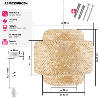 Tectake Plafoniera Lignea Lux in bambù, in stile boho, 40W  