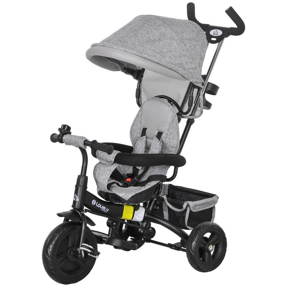 Triciclo 6 In 1 Asta Di Spinta Triciclo Per Bambini Tettuccio Parasole Rimovibile Cestello Con Cintura A 5 Punti Portabicchieri 1-5 Anni Grigio