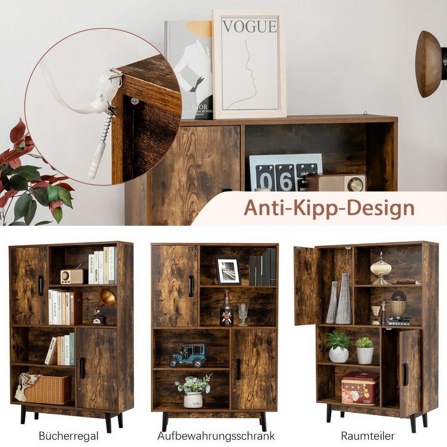 Northio Bibliothèque meuble de rangement en bois avec portes et étagères ouvertes 80 x 24 x 120 cm café  