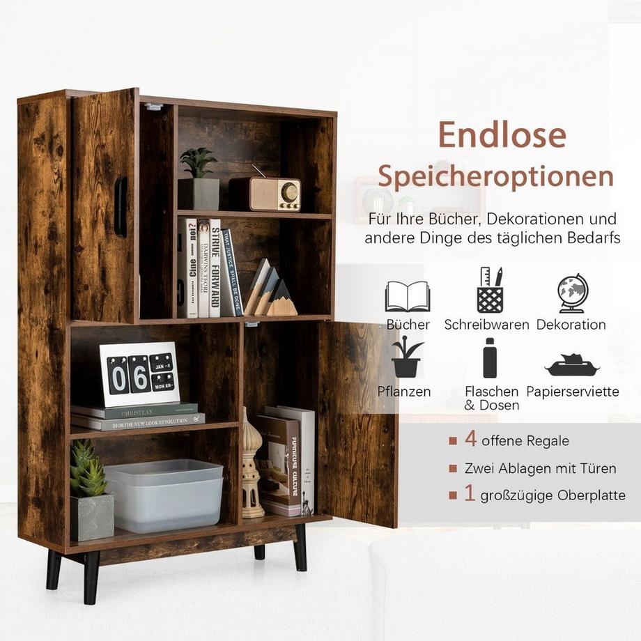 Northio Bibliothèque meuble de rangement en bois avec portes et étagères ouvertes 80 x 24 x 120 cm café  