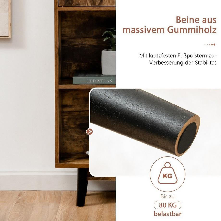 Northio Bibliothèque meuble de rangement en bois avec portes et étagères ouvertes 80 x 24 x 120 cm café  