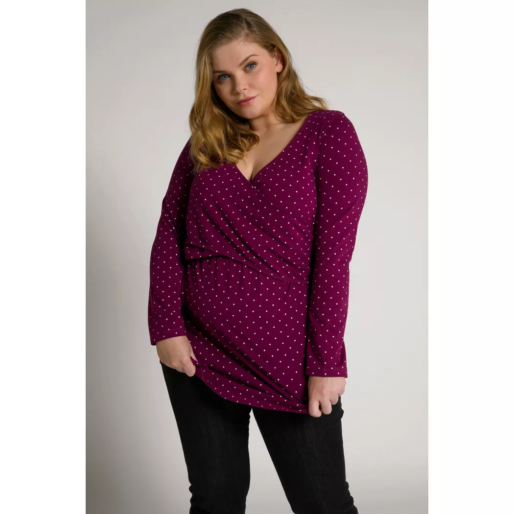 Ulla Popken - Bellieva-Wickelshirt, Punkte, V-Ausschnitt, Langarm, GOTS, für Damen, Dunkelrot, Größe 54/56