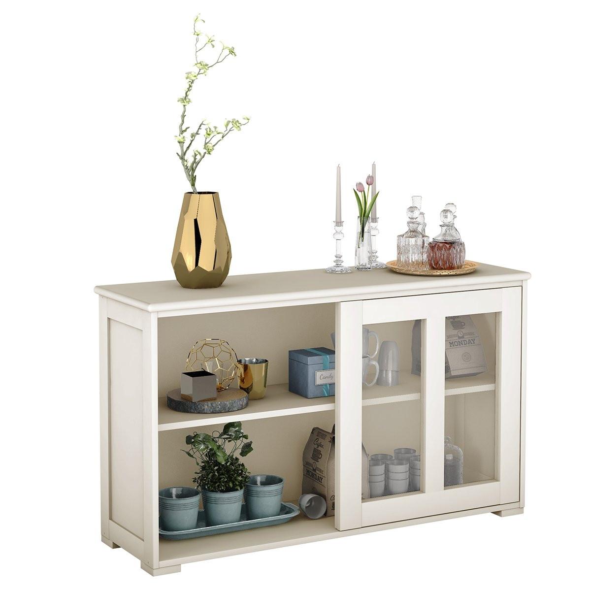 Northix Sideboard Küchenschrank Wohnzimmerregel mit Schiebetüren Cremeweiß 106,5 x 33 x 62,5 cm  