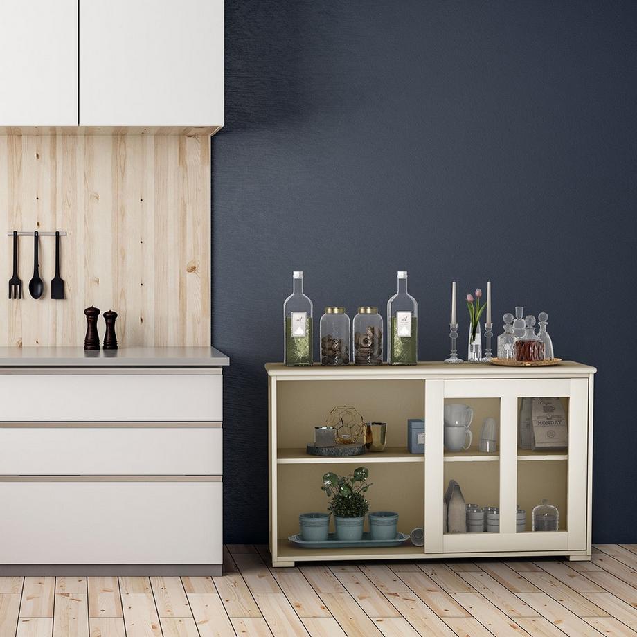 Credenza mobile da cucina soggiorno regola con ante scorrevoli bianco crema 106,5 x 33 x 62,5 cm