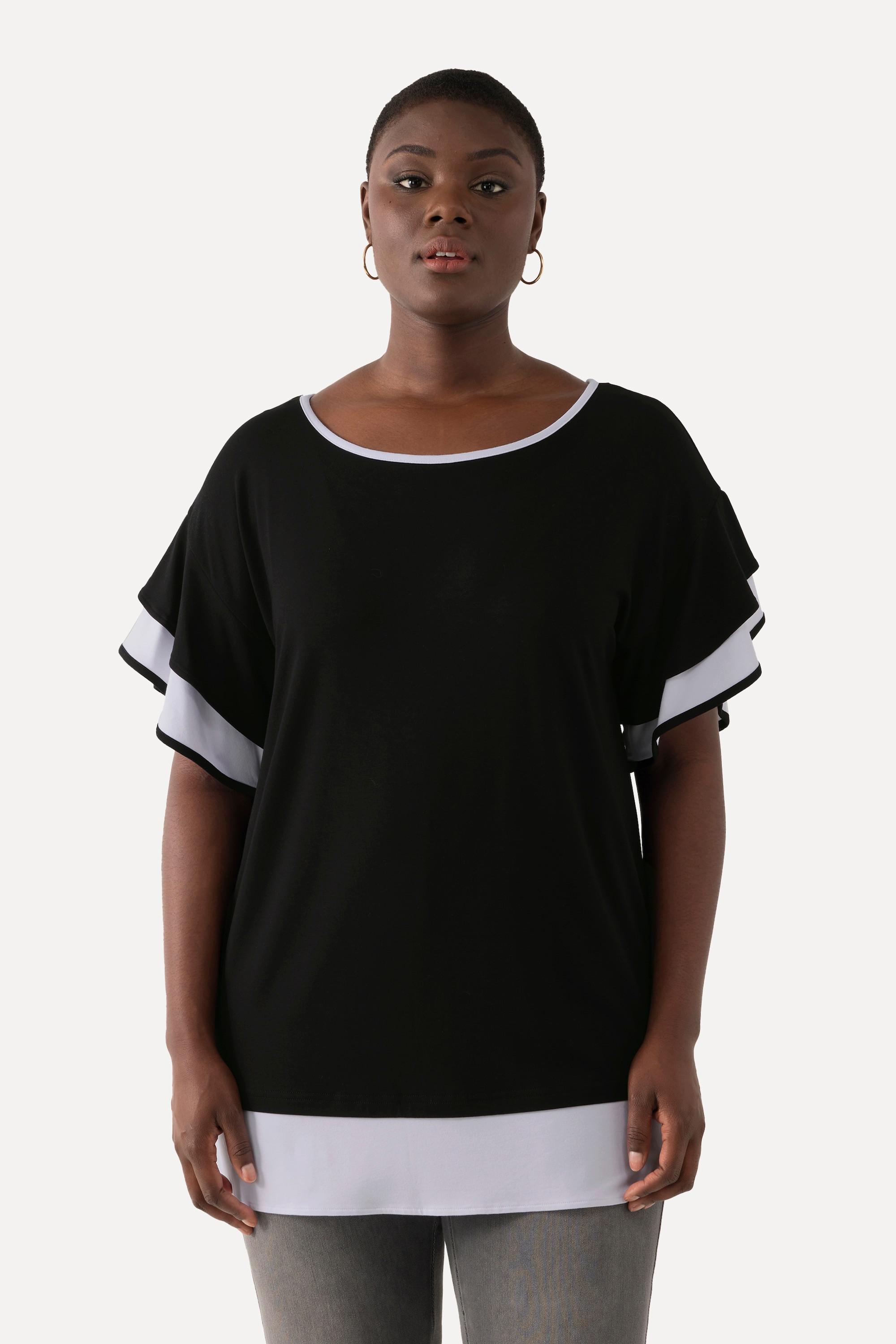 Ulla Popken  T-shirt oversize à col rond. Manches courtes à volant 