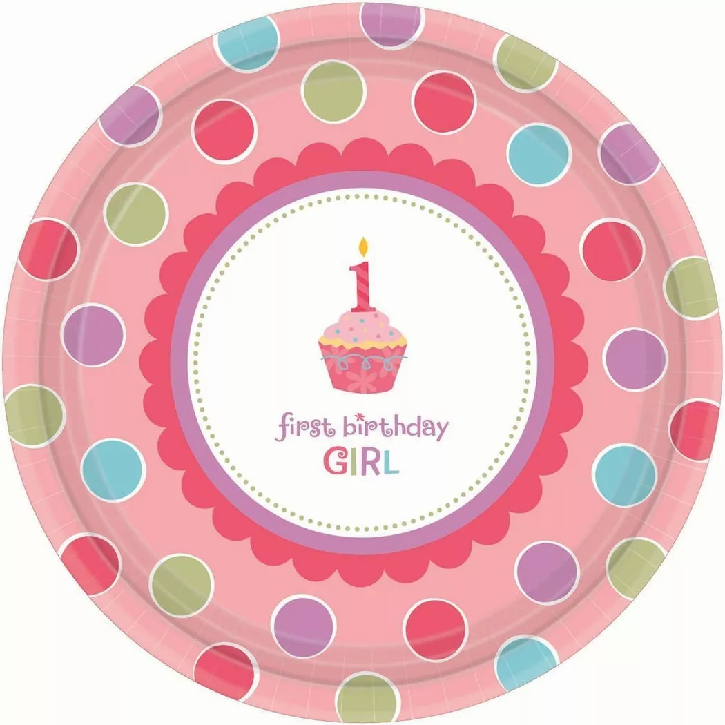 Amscan - Punktemuster PartyTeller, Papier, 1. Geburtstag 8erPack, One Size, Pink