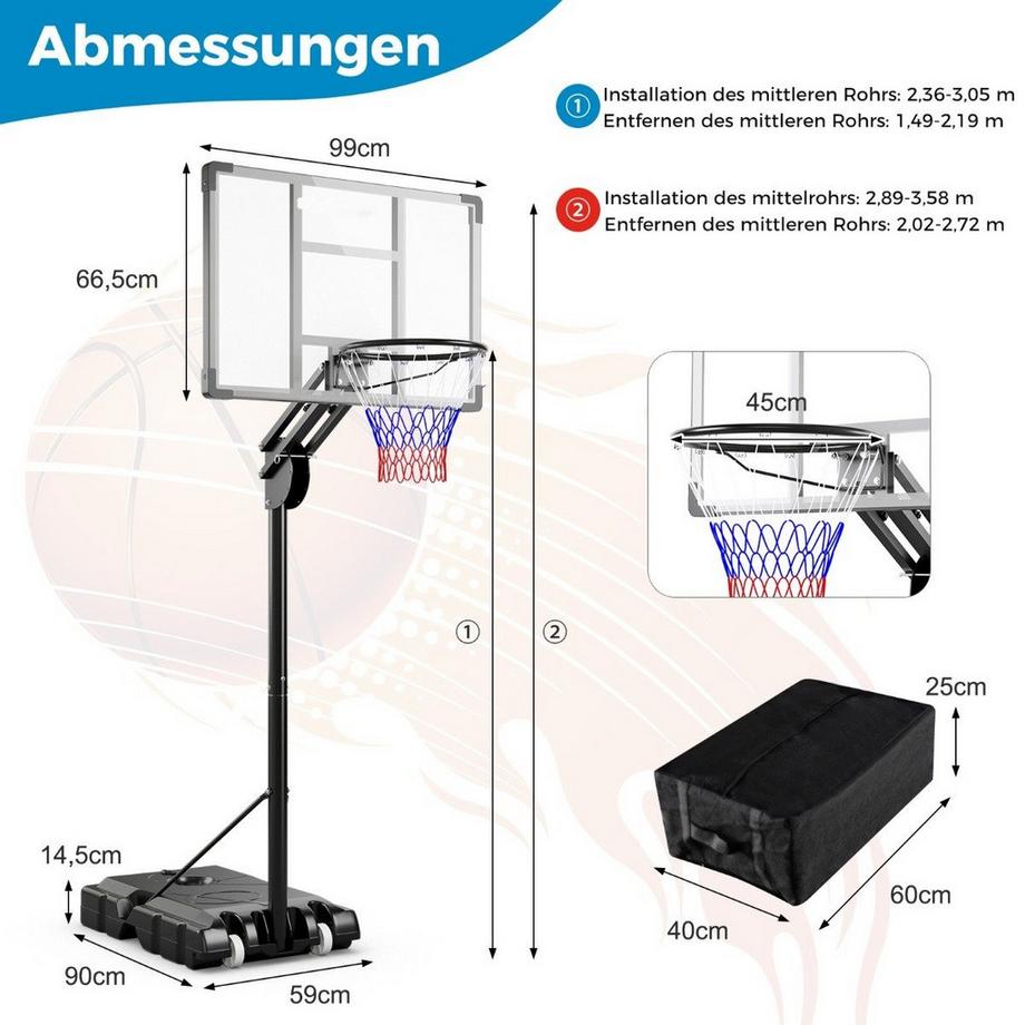 B2X  Outdoor Basketballkorb 135/143-305 cm Höhenverstellbarer Basketballständer mit 2 Rädern 