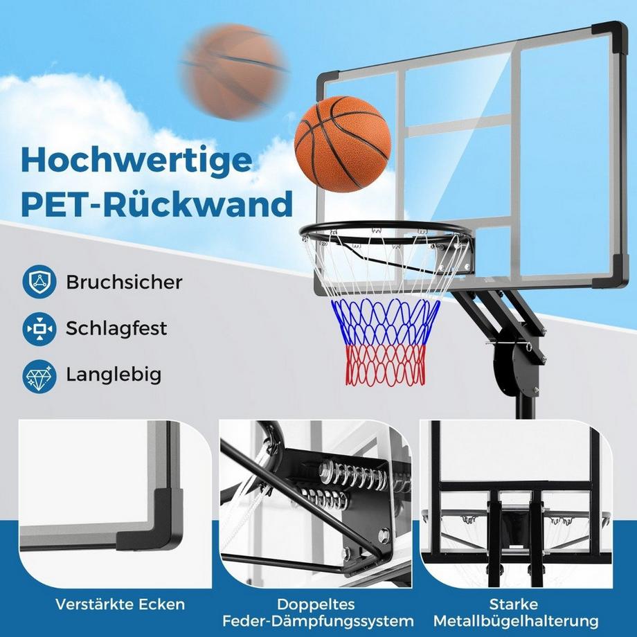 B2X  Outdoor Basketballkorb 135/143-305 cm Höhenverstellbarer Basketballständer mit 2 Rädern 