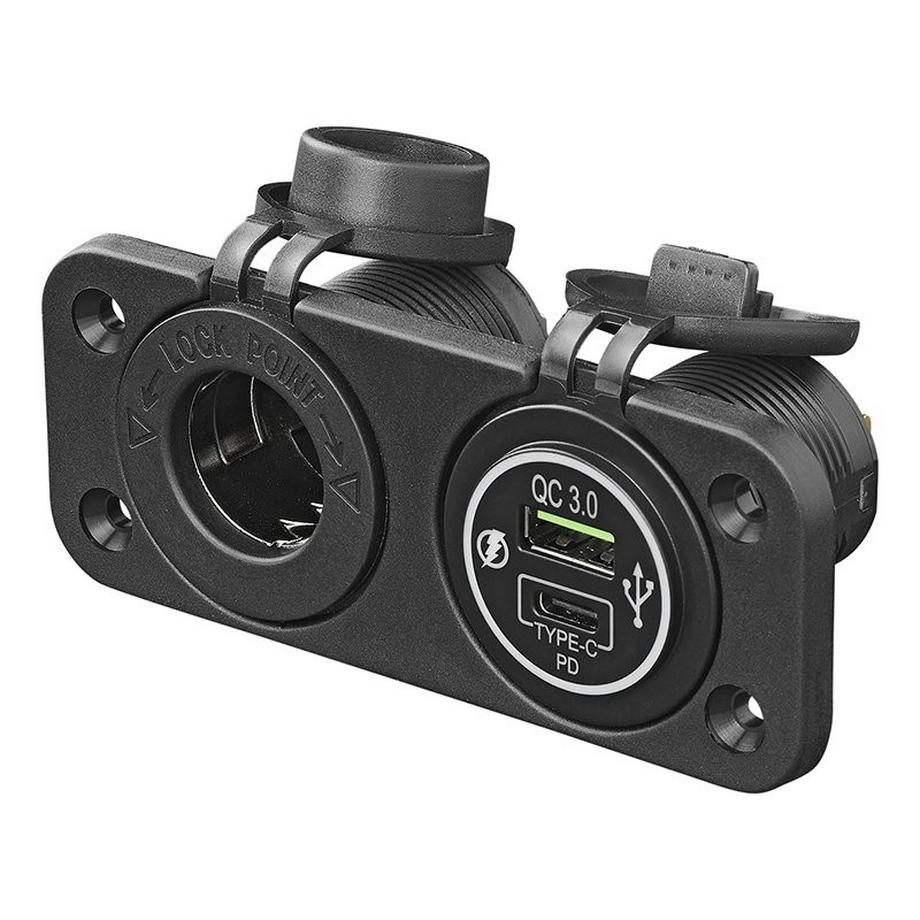 Pricenet  Einbausatz: 12V-Steckdose + USB-Schnellladegerät Typ A + C 2-fach 3A 