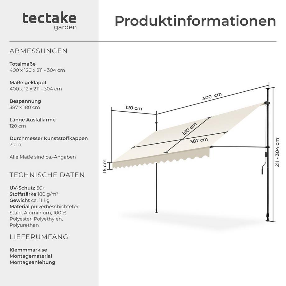 Tectake Klemmmarkise  mit Handkurbel UV-beständig  