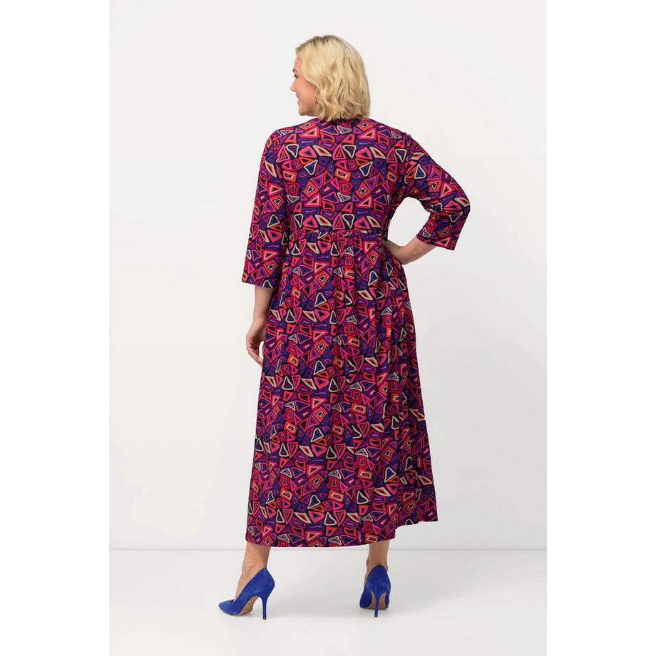 Ulla Popken Robe en Jersey Imprimé Graphique Ligne A Col Rond Manches 3/4  