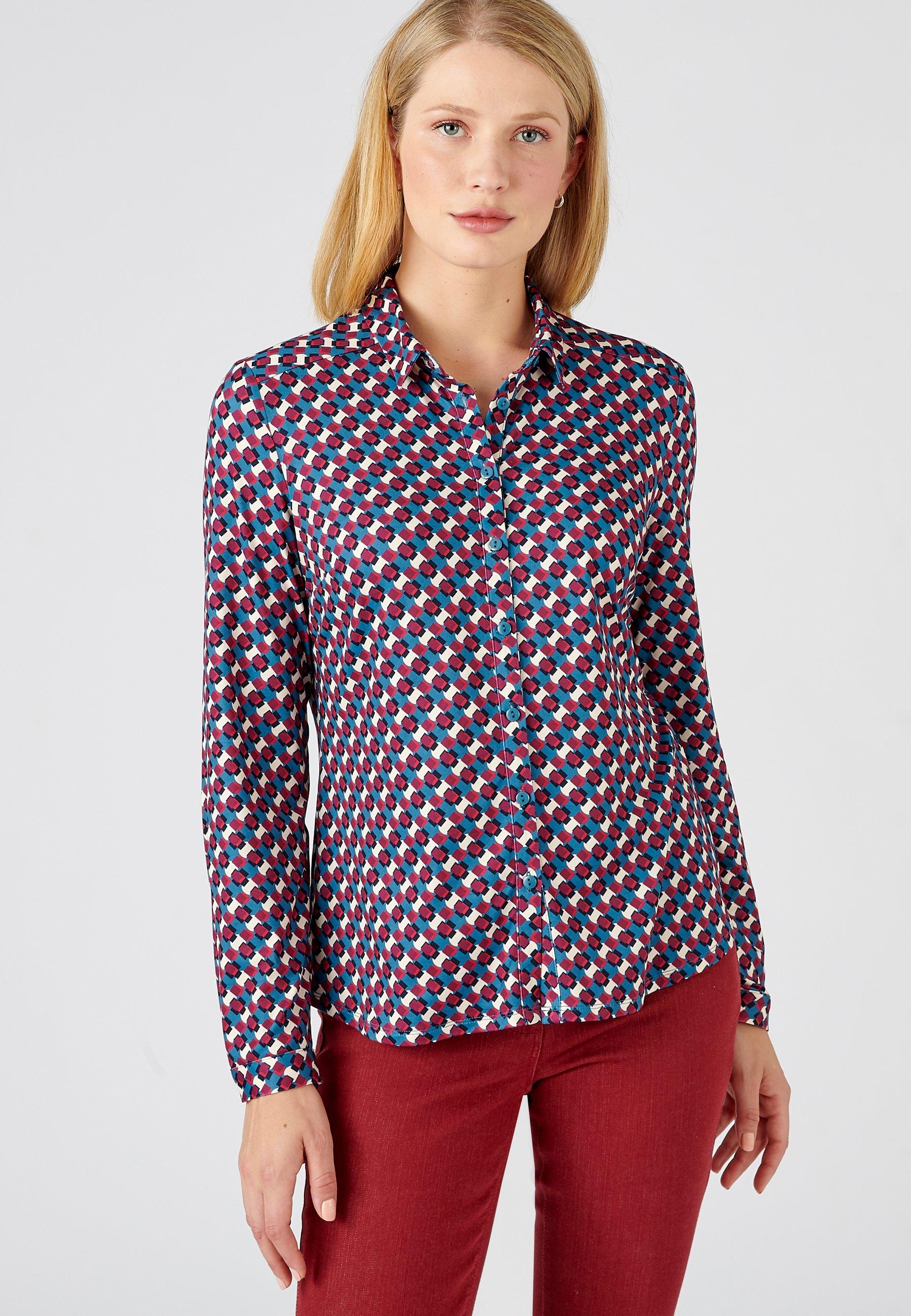 Image of Warme Bluse Mit Blattmotiv Und Samtigem Griff. Damen Rot 38/40