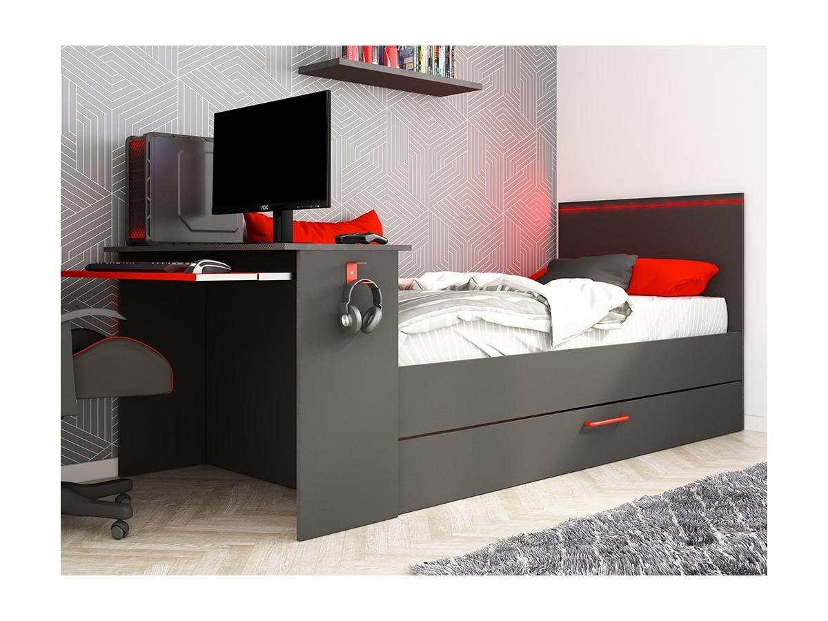 Vente-unique Letto a scomparsa gamer 90 x 200 e 90 x 190 cm con scrivania LED Antracite e Rosso + Materasso + Rete - VOUANI  