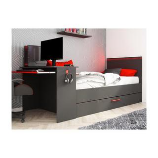 Vente-unique Lit gigogne gamer 90 x 200 et 90 x 190 cm - Avec bureau - LEDs - Anthracite et rouge + Matelas + Sommier - VOUANI  