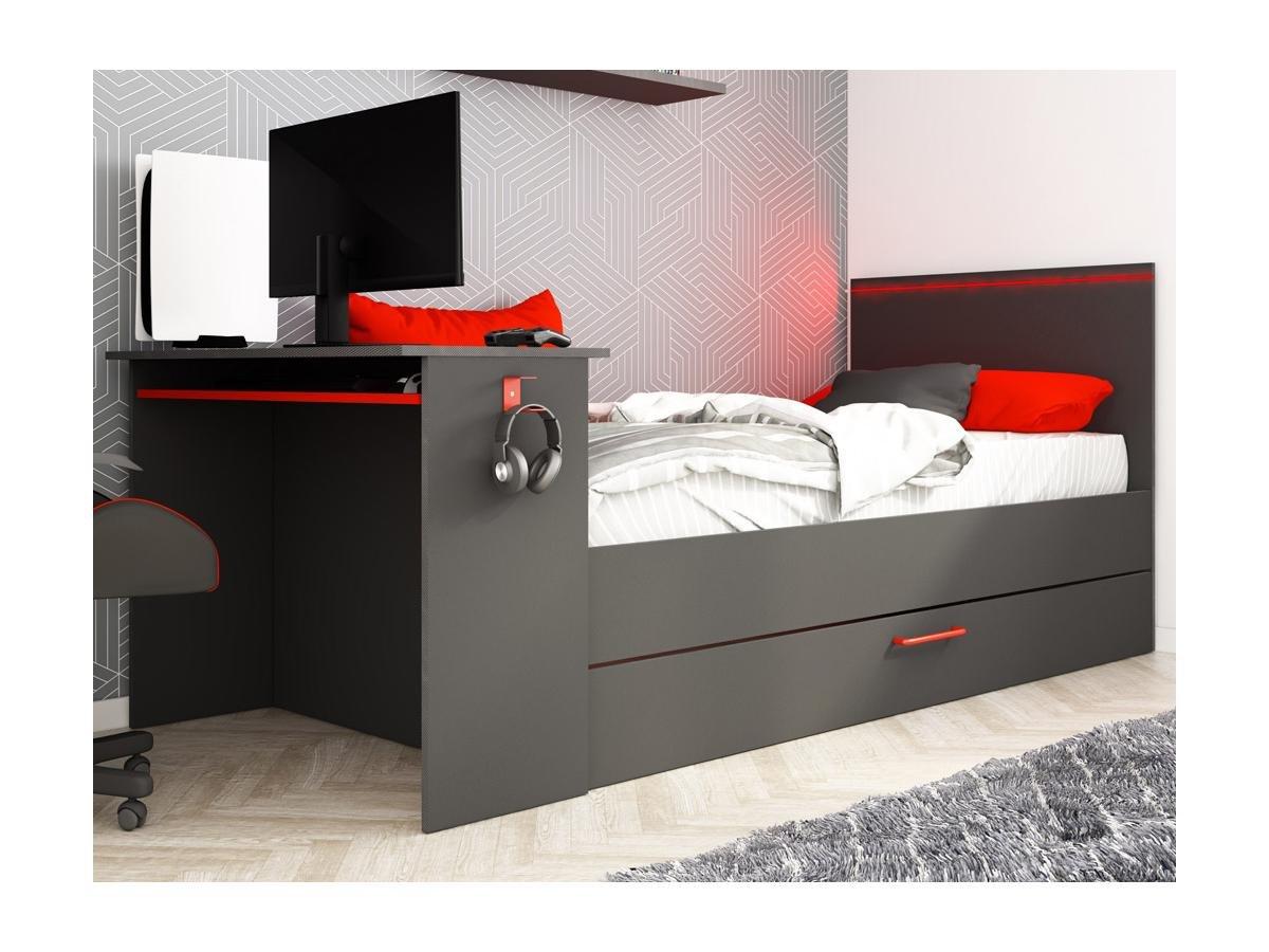 Vente-unique Ausziehbett Gamer mit Schreibtisch & LEDs - 90 x 200 und 90 x 190 cm + Lattenrost + Matratze - Anthrazit & Rot - VOUANI  