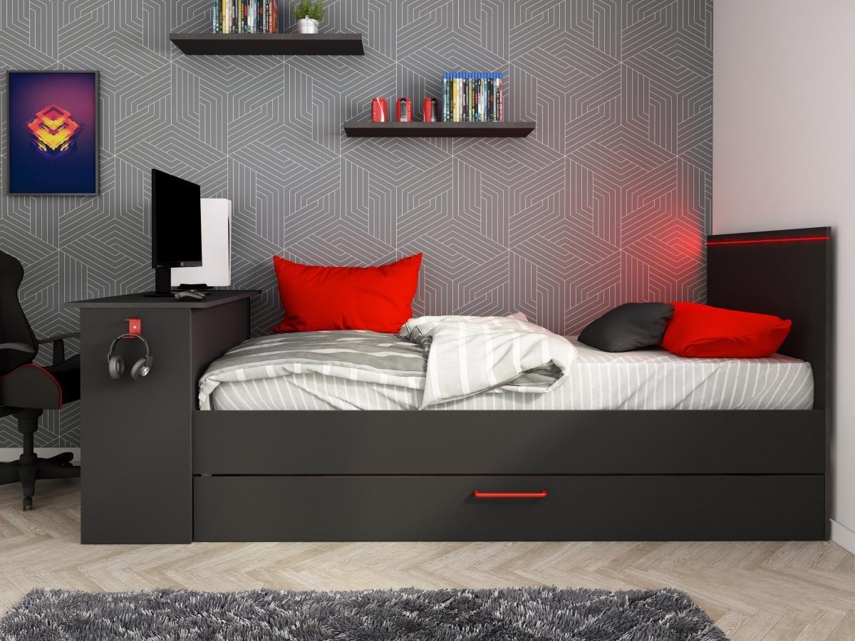 Vente-unique Letto a scomparsa gamer 90 x 200 e 90 x 190 cm con scrivania LED Antracite e Rosso + Materasso + Rete - VOUANI  