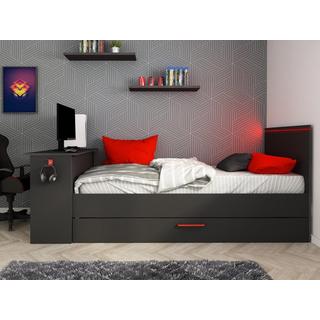 Vente-unique Lit gigogne gamer 90 x 200 et 90 x 190 cm - Avec bureau - LEDs - Anthracite et rouge + Matelas + Sommier - VOUANI  