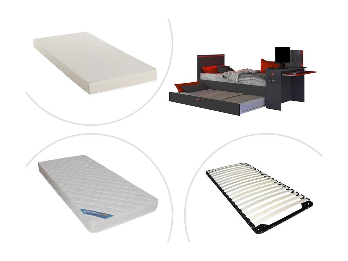 Image of Ausziehbett Gamer mit Schreibtisch & LEDs - 90 x 200 und 90 x 190 cm + Lattenrost + Matratze - Anthrazit & Rot - VOUANI Ausziehbett Gamer mit Schreibtisch & LEDs - 90 x 200 und 90 x 190 cm + Lattenrost + Matratze - Anthrazit & Rot - VOUANI