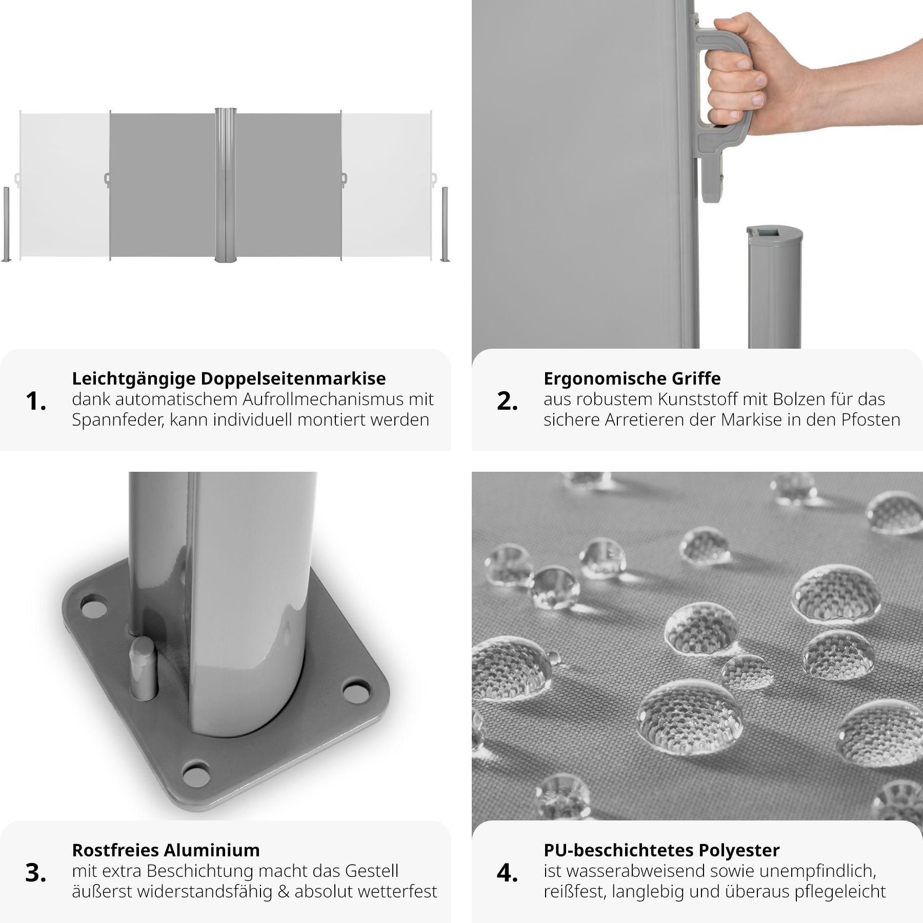 Tectake Aluminium Doppel Seitenmarkise ausziehbar mit Aufrollmechanismus  