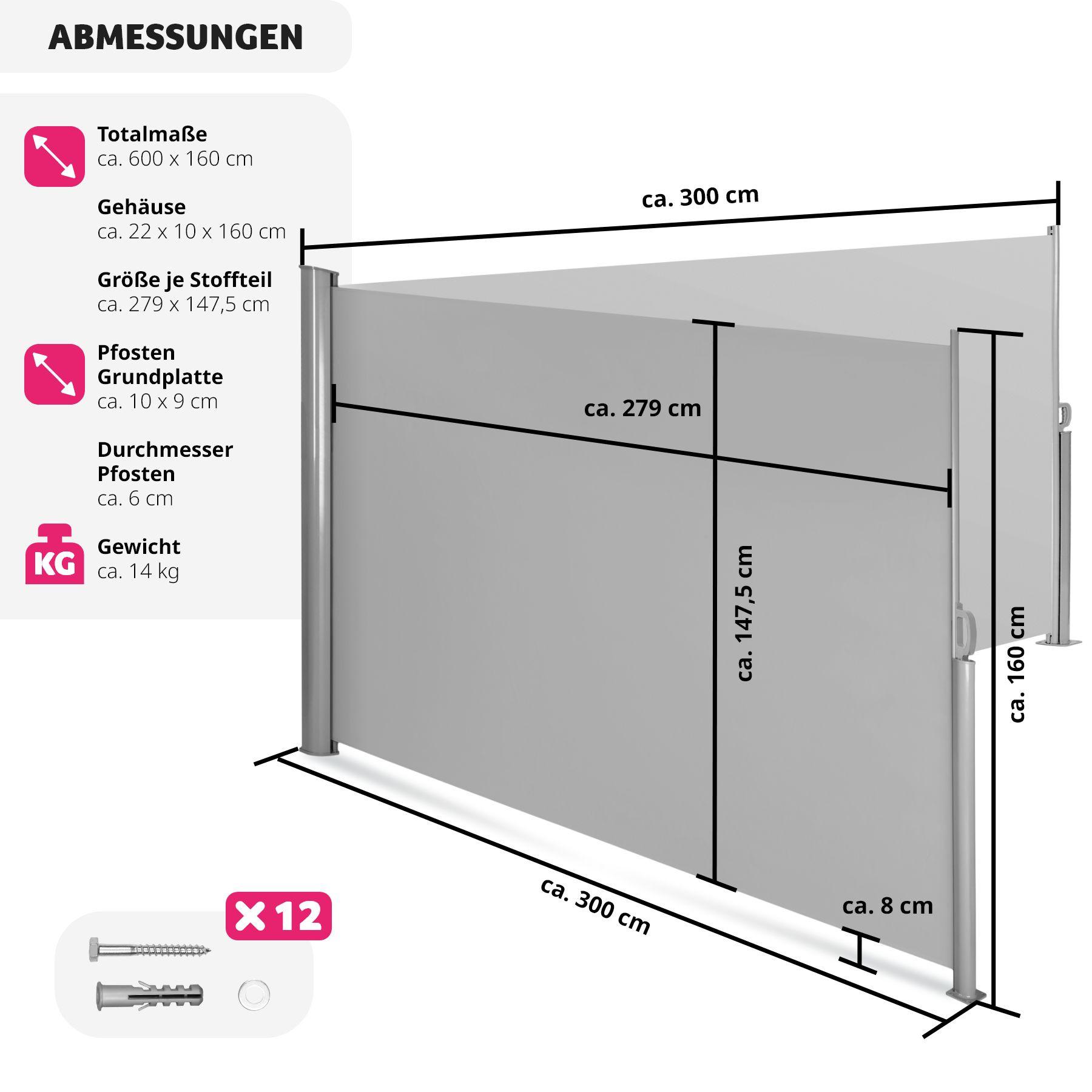 Tectake Aluminium Doppel Seitenmarkise ausziehbar mit Aufrollmechanismus  