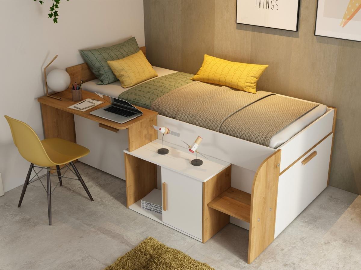 Vente-unique Letto combinato 90 x 200 cm con scrivania e scomparti Bianco e Naturale + Rete - PEDRO  