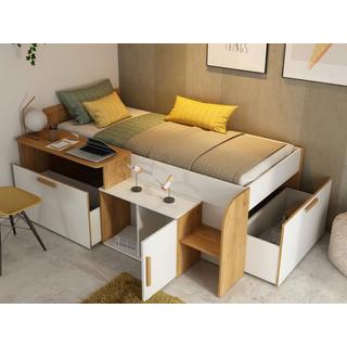 Vente-unique Letto combinato 90 x 200 cm con scrivania e scomparti Bianco e Naturale + Rete - PEDRO  