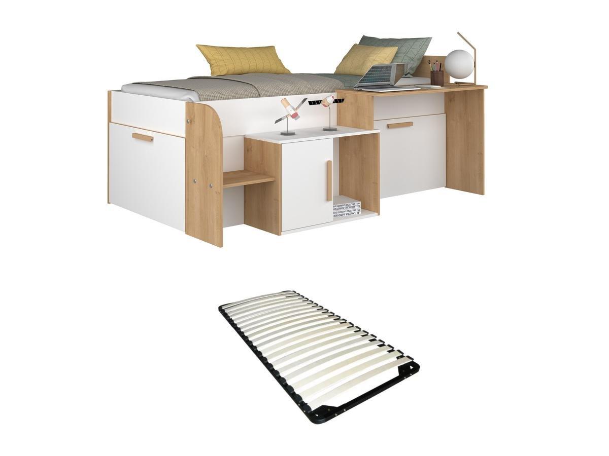 Vente-unique Letto combinato 90 x 200 cm con scrivania e scomparti Bianco e Naturale + Rete - PEDRO  