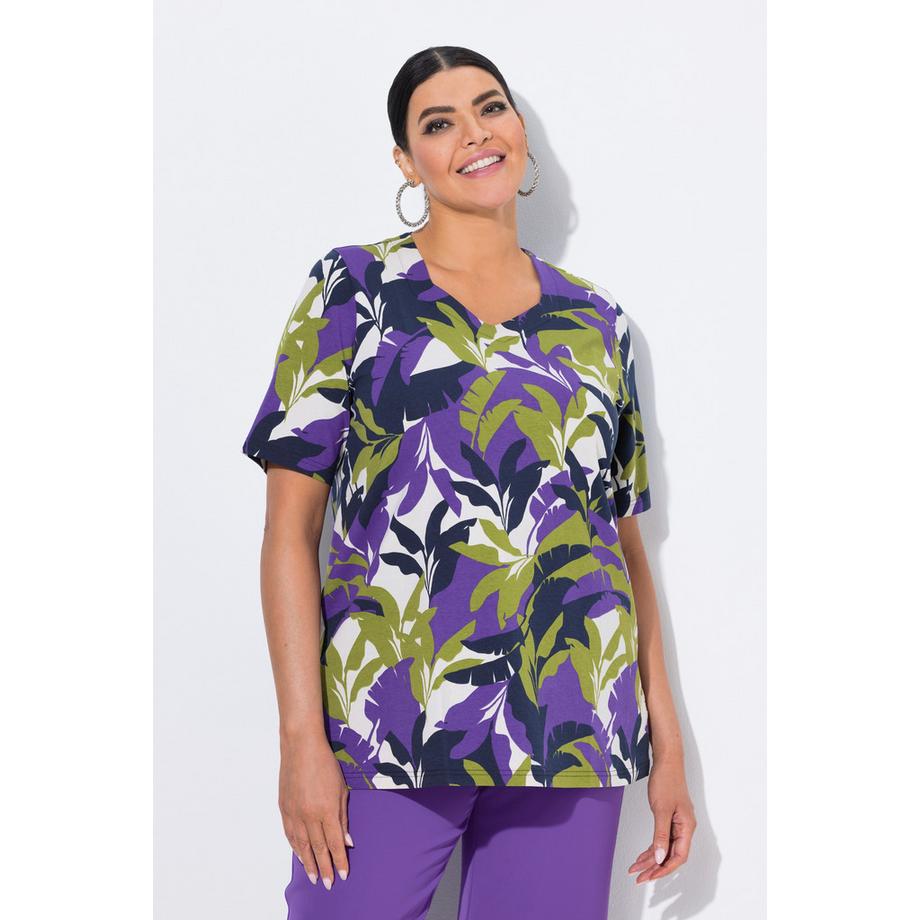 Ulla Popken Blätter A-Linie Herzausschnitt Halbarm T-Shirt  