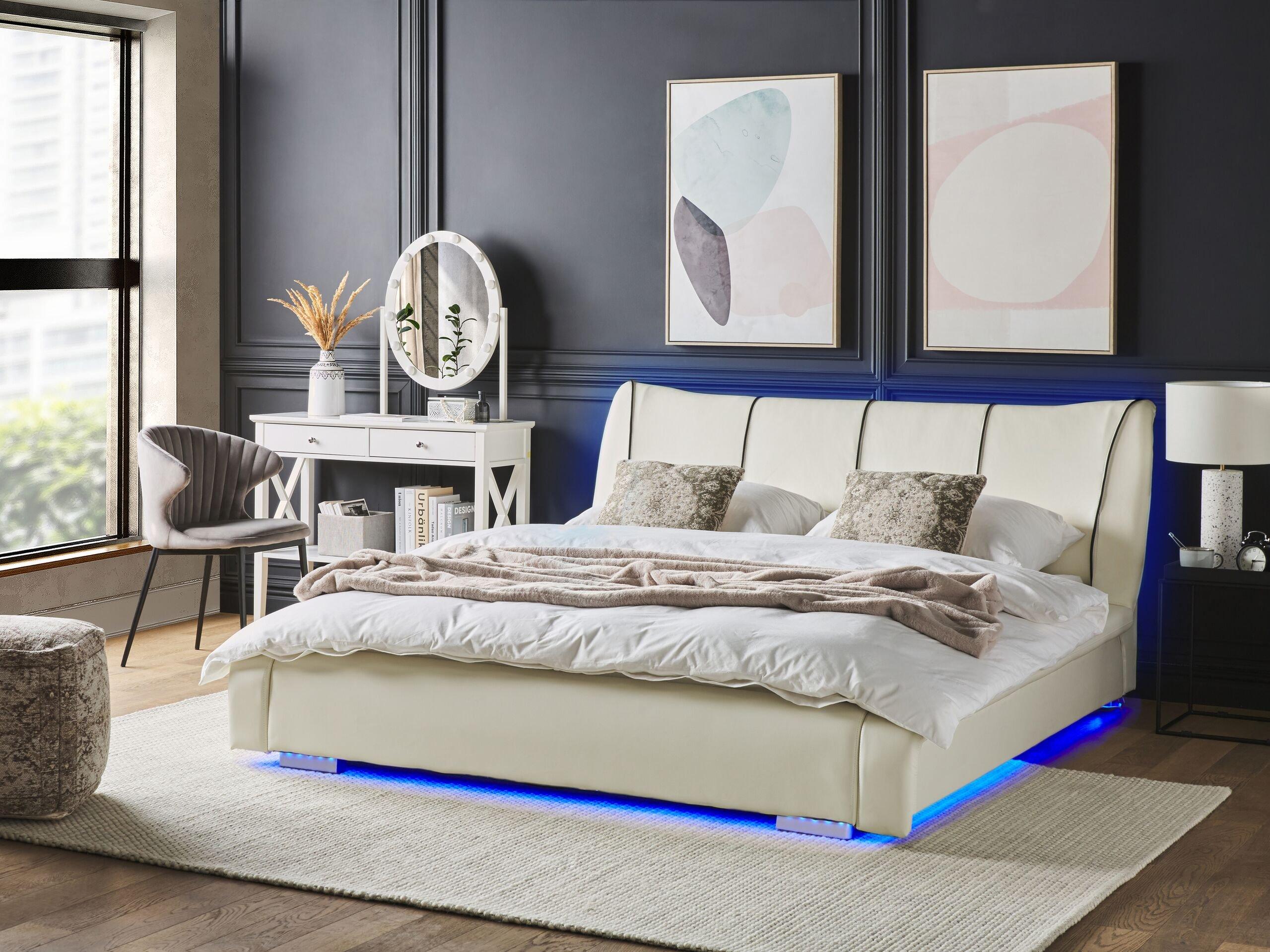 Beliani Letto con LED en Pelle Naturale Glamour NANTES  