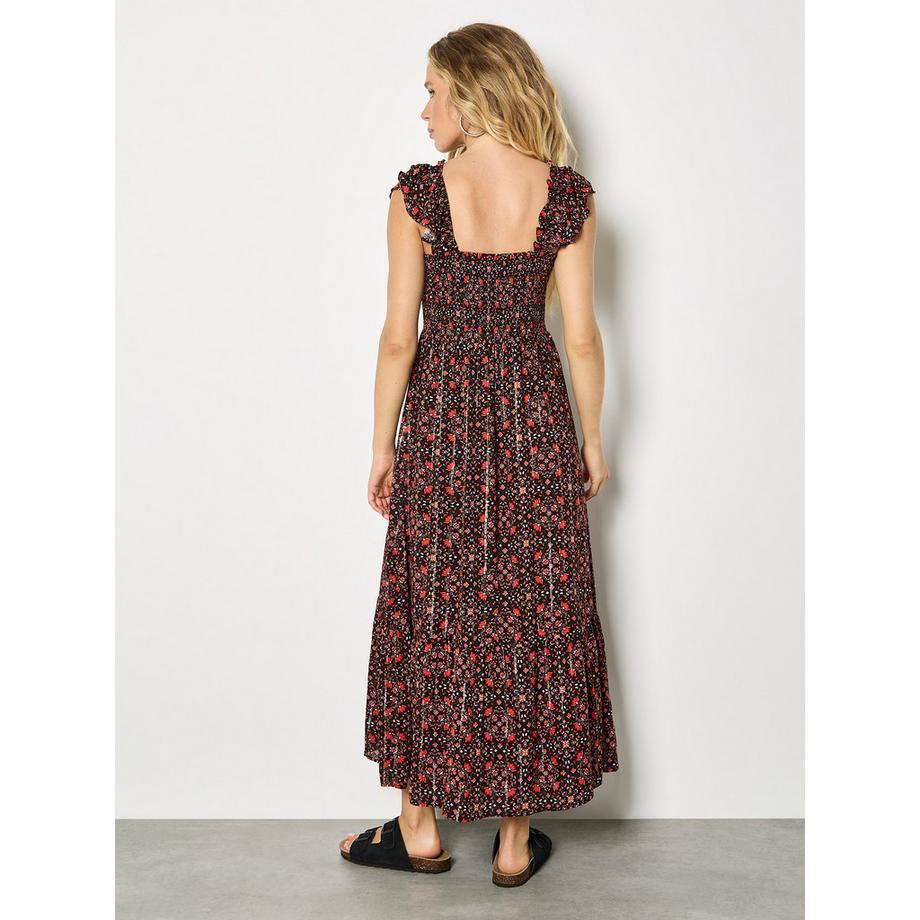 APRICOT Robe Midi Folk Floral Métallique  