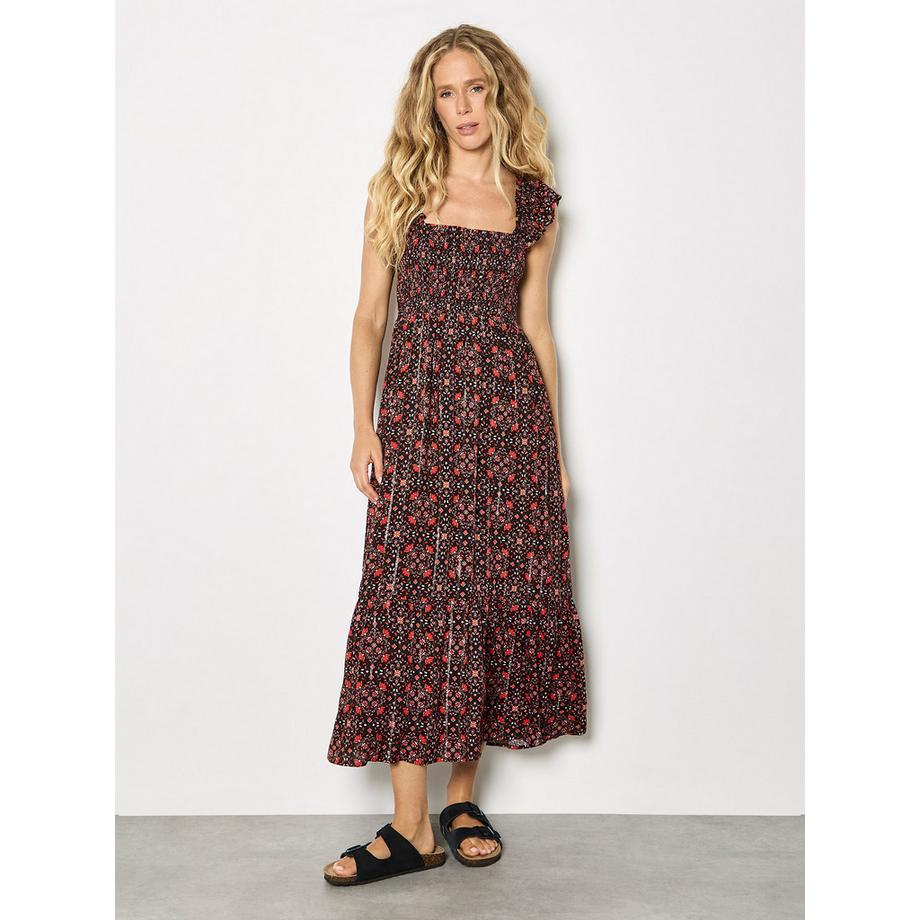Robe mi-longue à fleurs folk métallisées