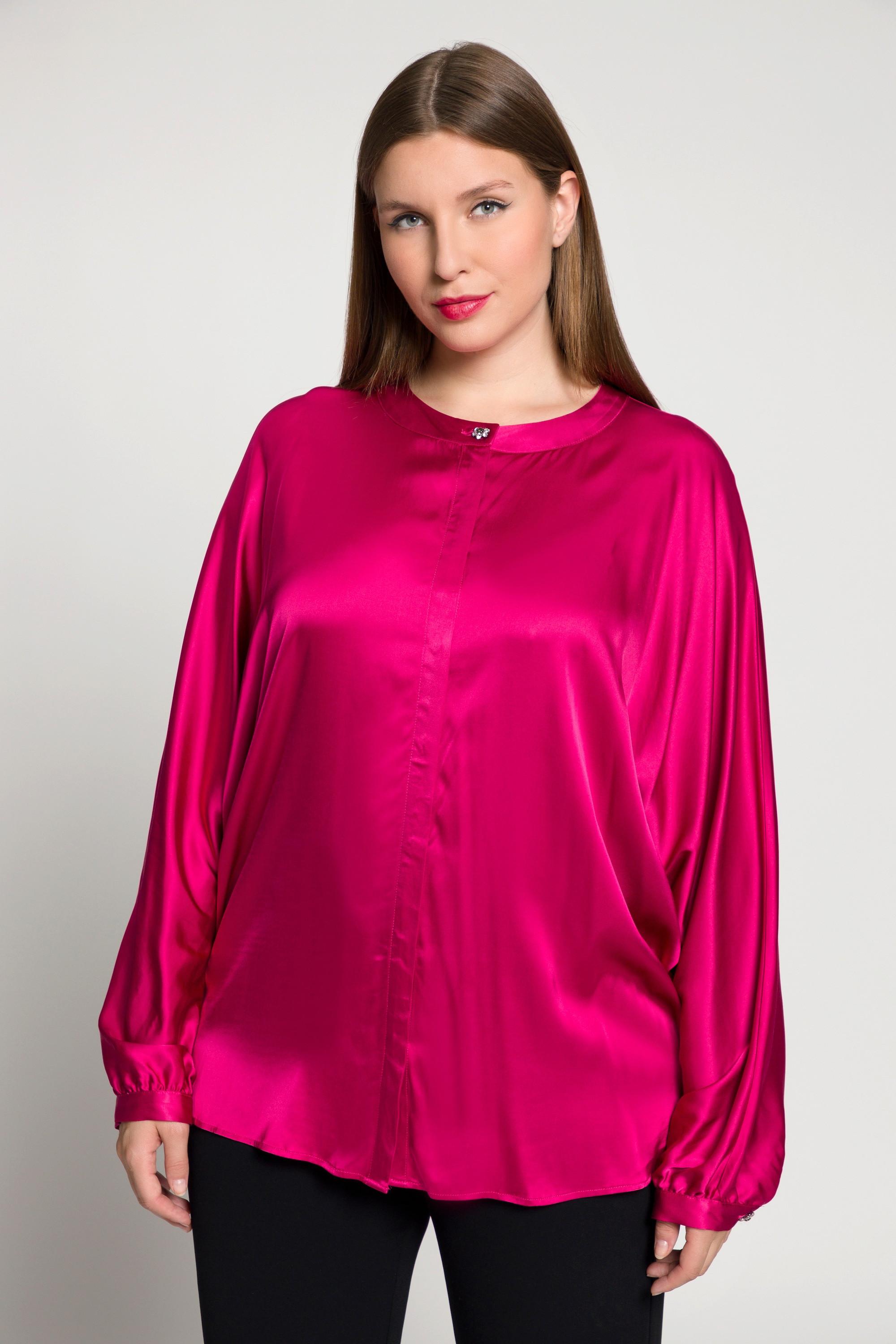 Ulla Popken  Chemisier en satin, oversized, col rond, manches chauve-souris 