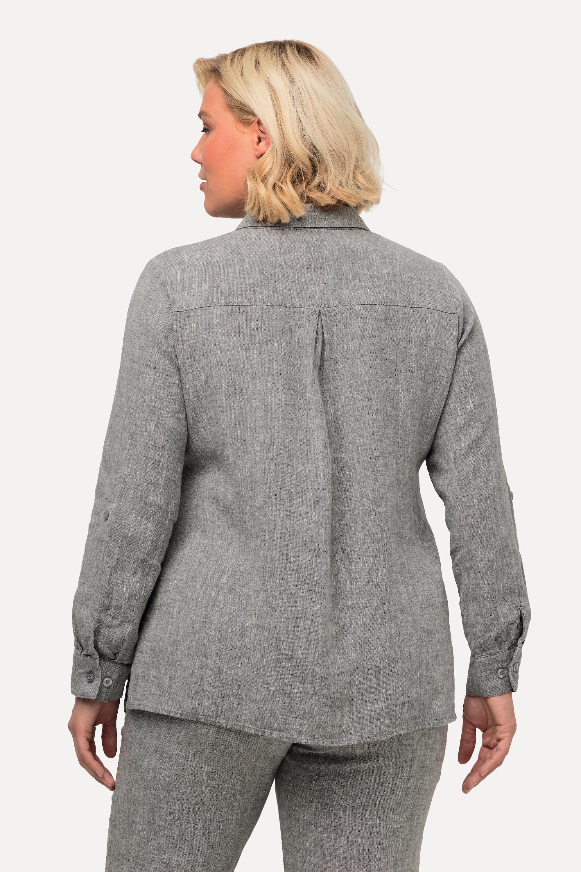 Ulla Popken  Blusa in lino con colletto aperto e maniche lunghe 