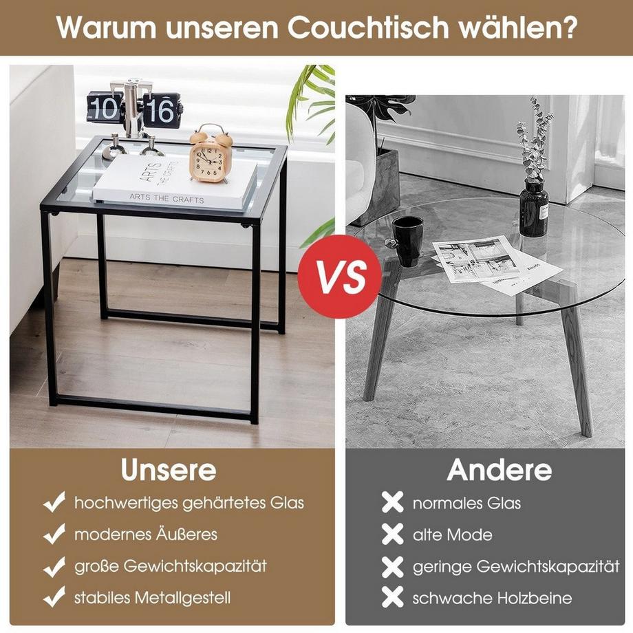 Northio Beistelltisch Kleiner Gartentisch Balkontisch mit Tischplatte aus gehärtetem Glas 43 x 43 x 45 cm Schwarz  