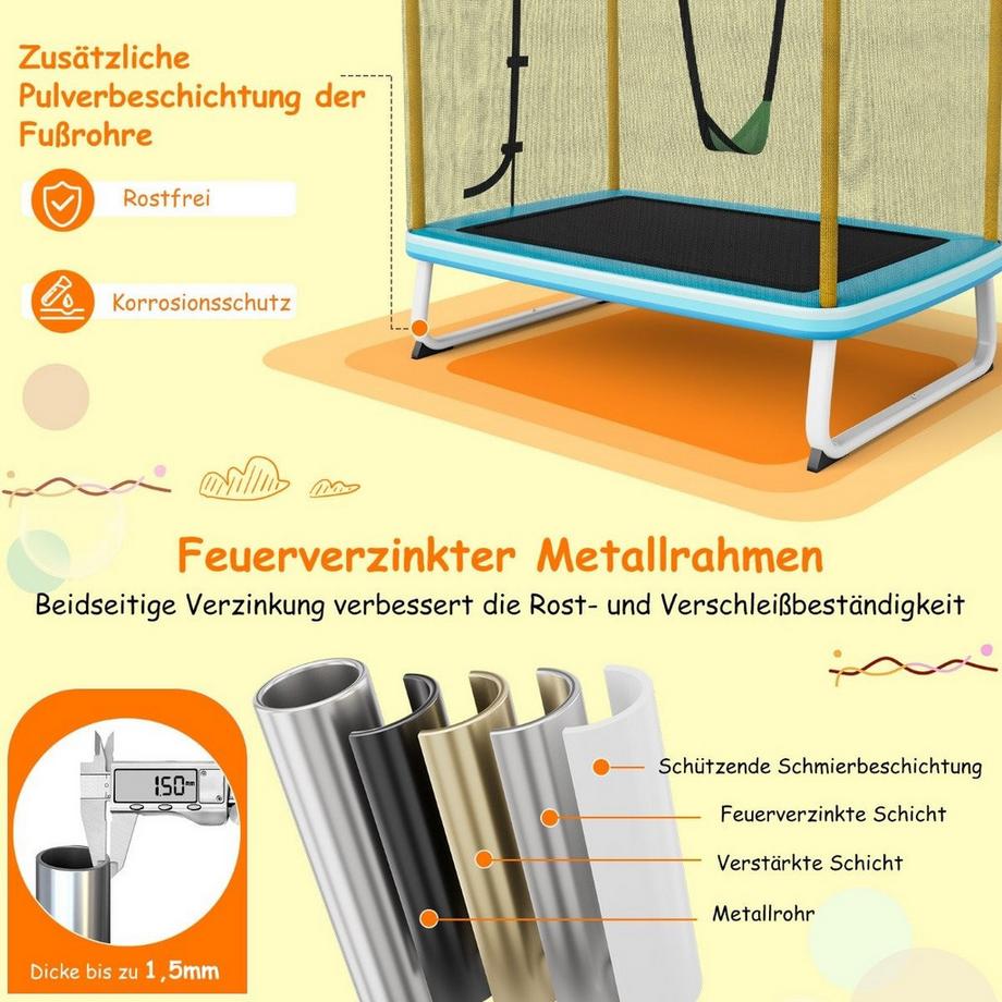 Northix  Trampolino elastico per bambini rettangolare 3 in 1 190 x 124 cm Trampolino per il tempo libero con rete Blu + Giallo 