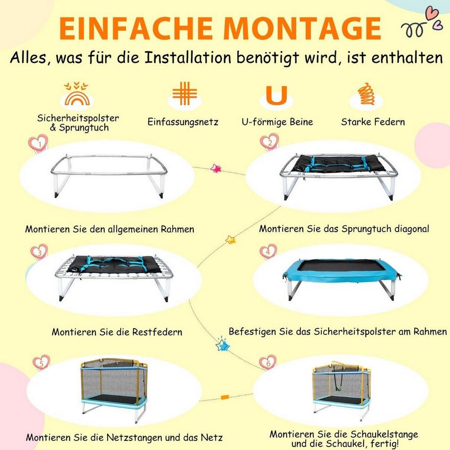 Northix  Trampolino elastico per bambini rettangolare 3 in 1 190 x 124 cm Trampolino per il tempo libero con rete Blu + Giallo 