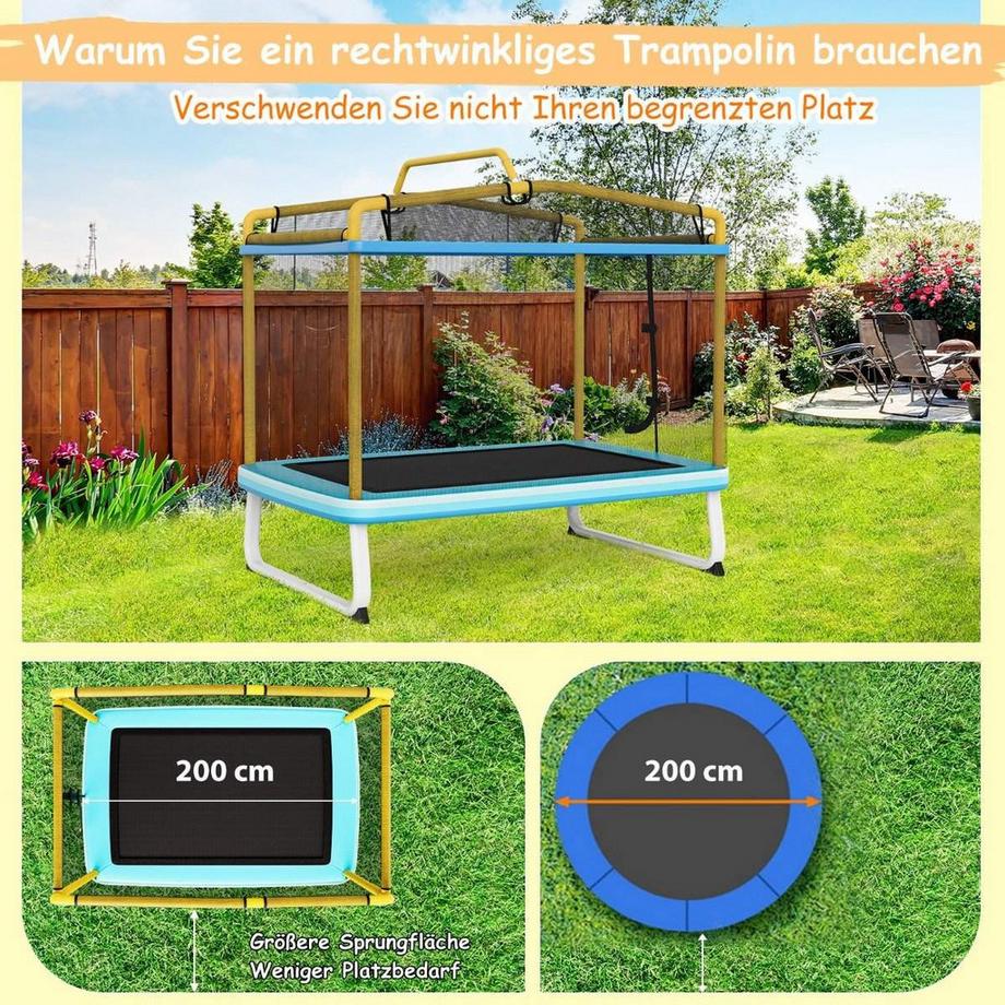 Northix  Trampolino elastico per bambini rettangolare 3 in 1 190 x 124 cm Trampolino per il tempo libero con rete Blu + Giallo 