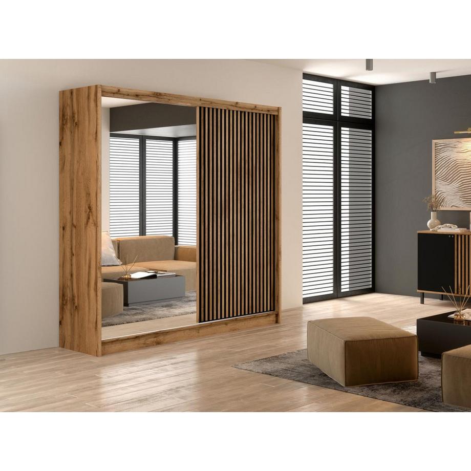 Vente-unique Kleiderschrank mit Spiegel - 2 Schiebetüren - 203 cm - Holzfarben & Schwarz - CALOWI  