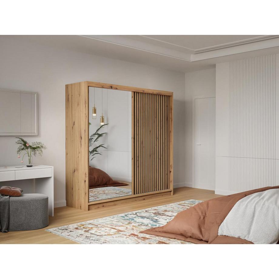 Vente-unique Kleiderschrank mit Spiegel - 2 Schiebetüren - 203 cm - Holzfarben & Schwarz - CALOWI  