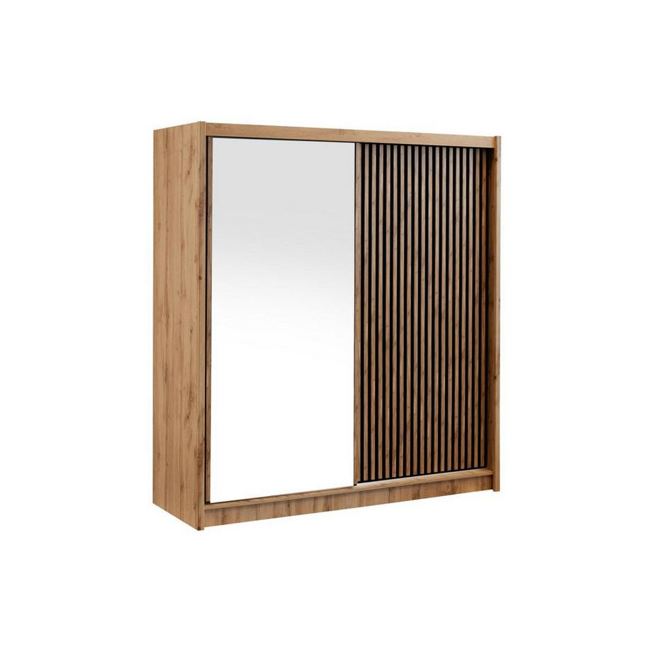 Kleiderschrank mit Spiegel - 2 Schiebetüren - 203 cm - Holzfarben & Schwarz - CALOWI