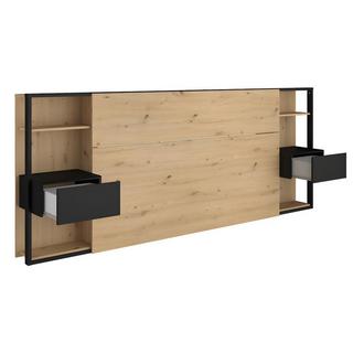 Vente-unique Lit avec chevets et rangements 160 x 200 cm - Coloris : Naturel et noir + Sommier - MISTA  