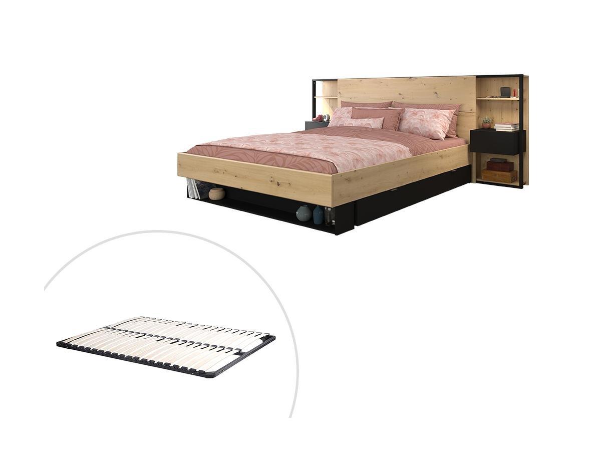 Image of Bett mit intregierten Nachttischen & Stauraum + Lattenrost - 160 x 200 cm - Naturfarben & Schwarz - MISTA Bett mit intregierten Nachttischen & Stauraum + Lattenrost - 160 x 200 cm - Naturfarben & Schwarz - MISTA