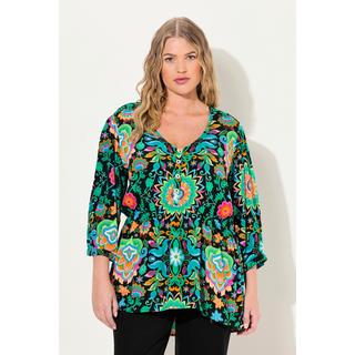 Ulla Popken  Blouse à fleurs, ligne A et décolleté en V, manches 3/4 