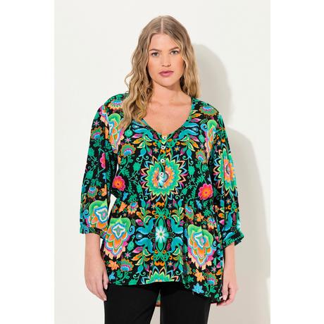 Ulla Popken  Blouse à fleurs, ligne A et décolleté en V, manches 3/4 