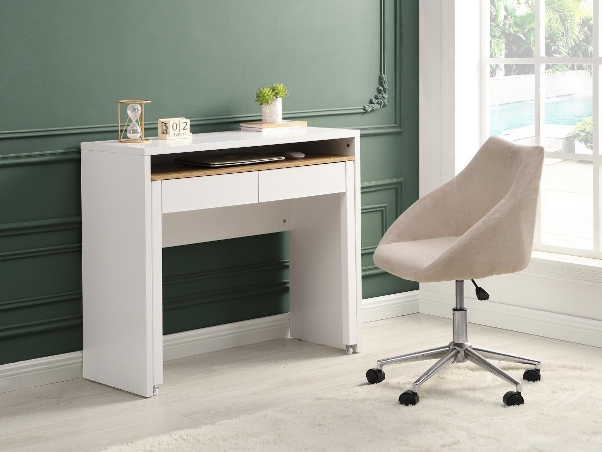 Vente-unique Bureau console extensible avec 2 tiroirs - Blanc et naturel - LOAVIA  