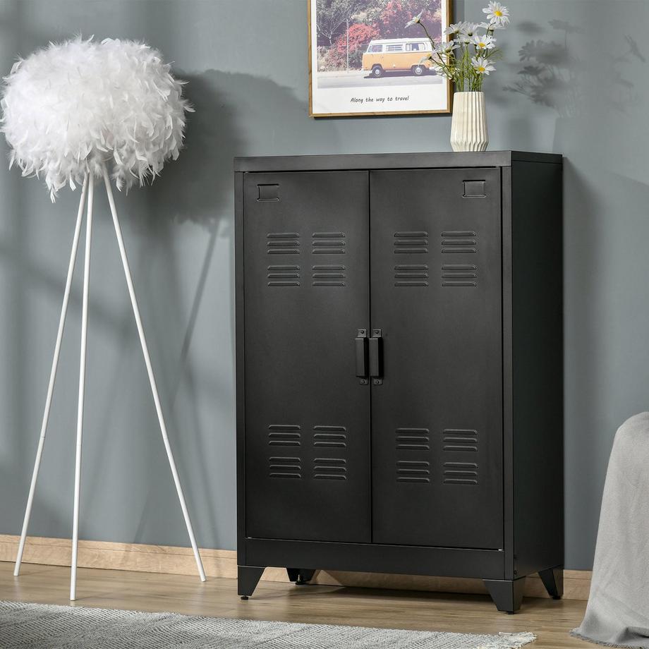 Northio Buffet Classeur Avec Portes À Lattes, Meuble De Rangement Avec Étagères, Noir, 75 X 33 X 110 Cm  