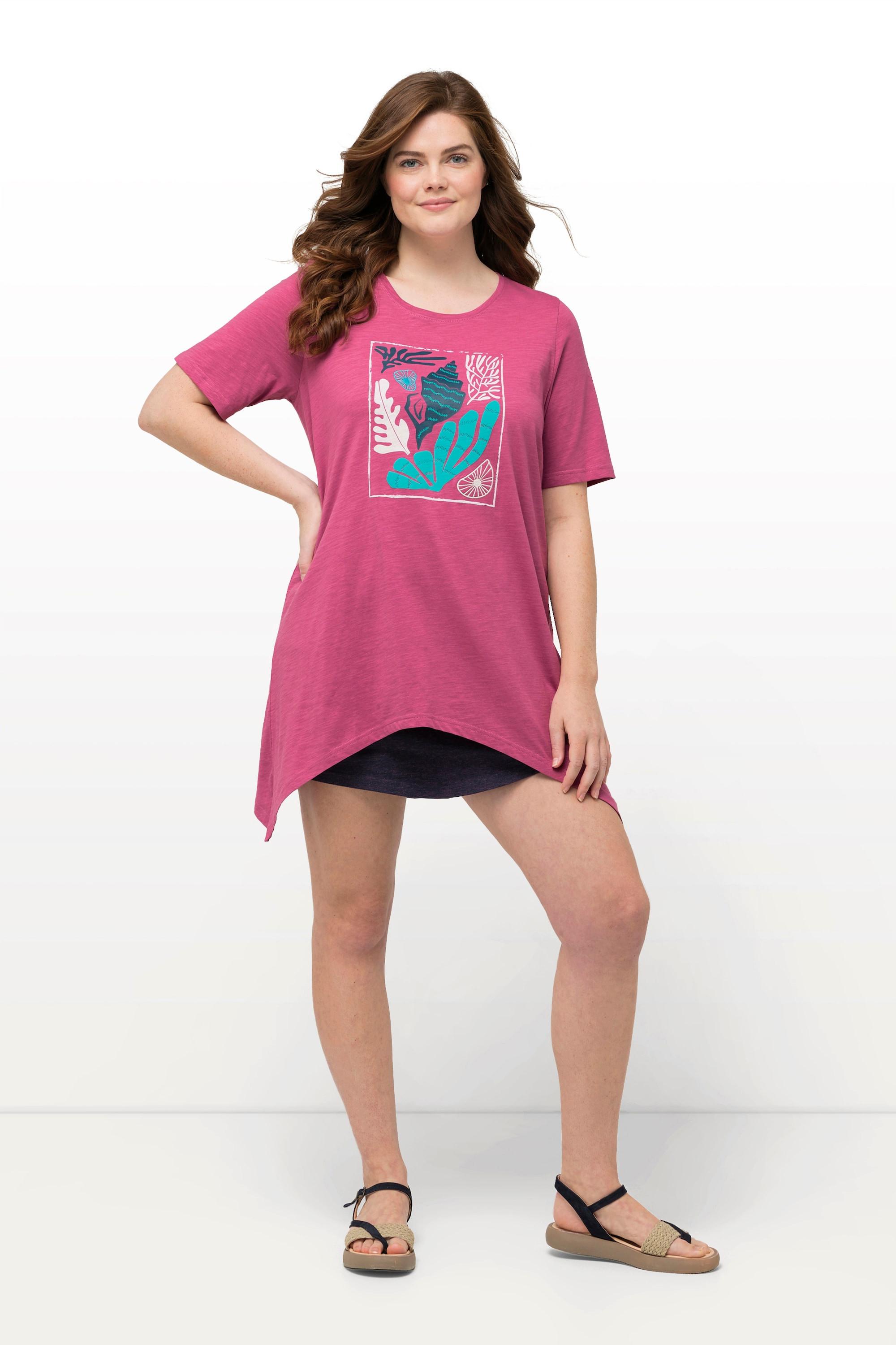 Ulla Popken  T-shirt en coton bio, imprimé corail, col en V et manches courtes 