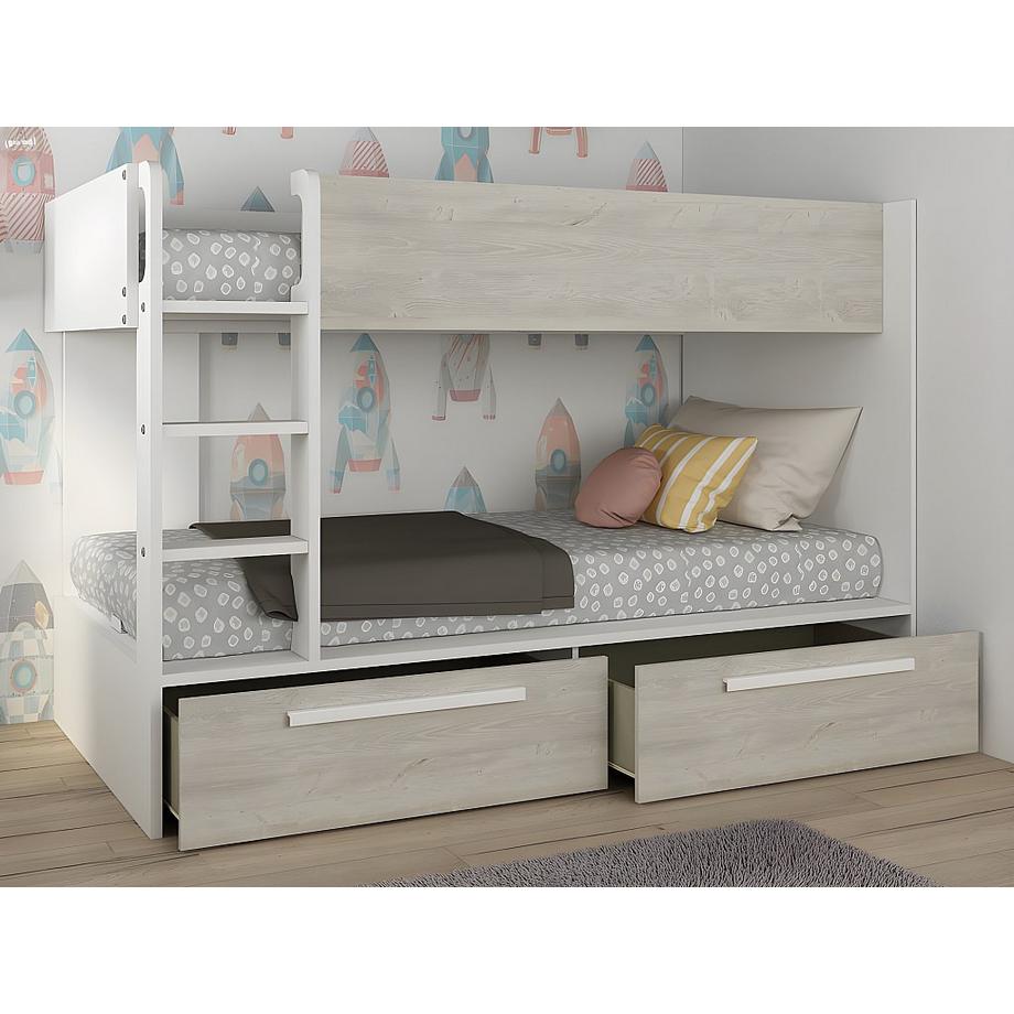 Vente-unique Letto a castello 2 cassetti 2 x 90 x 200 cm Bianco e Naturale - TINOLI  