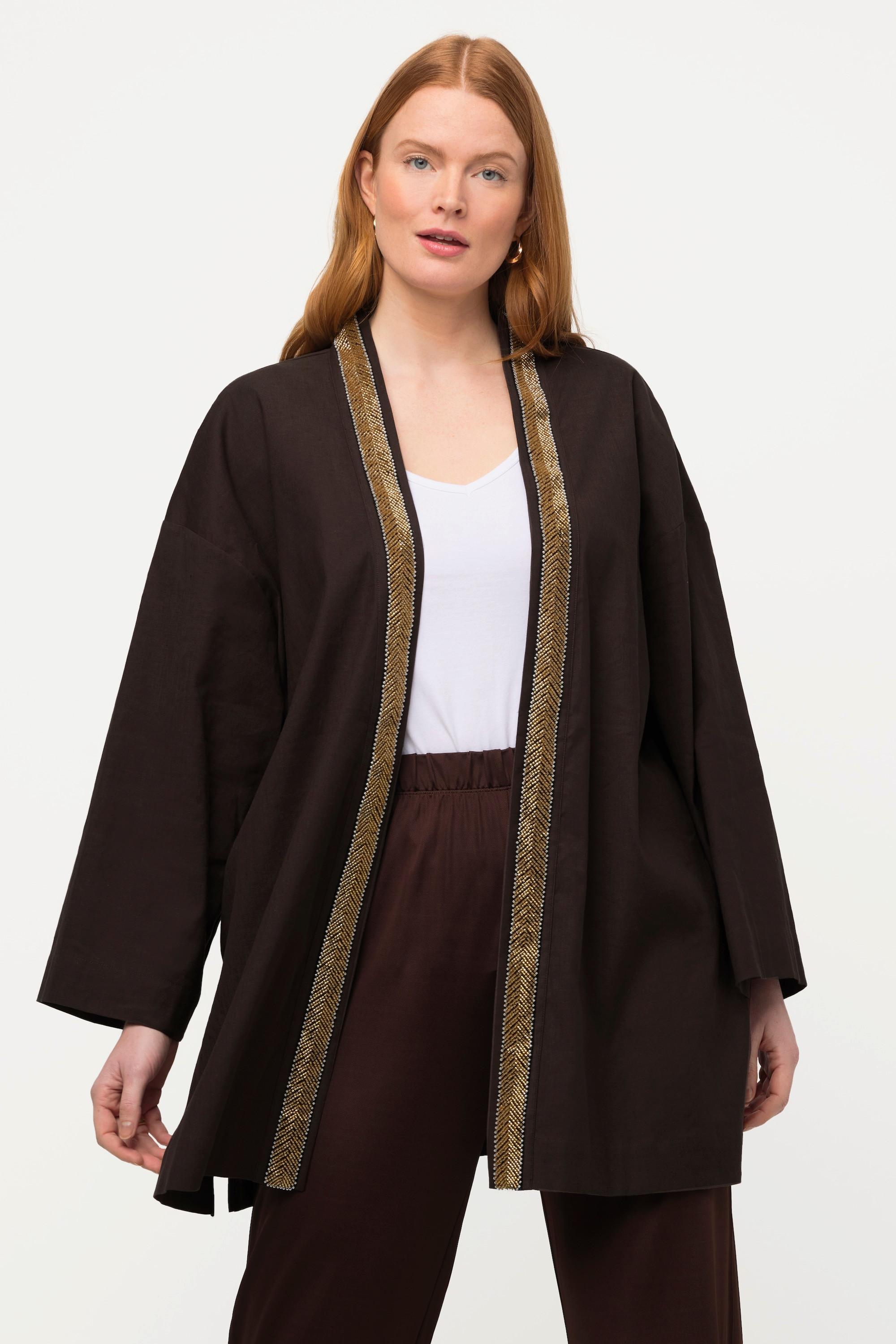 Ulla Popken  Veste kimono. Col châle. Lin mélangé. Galon en perles. 