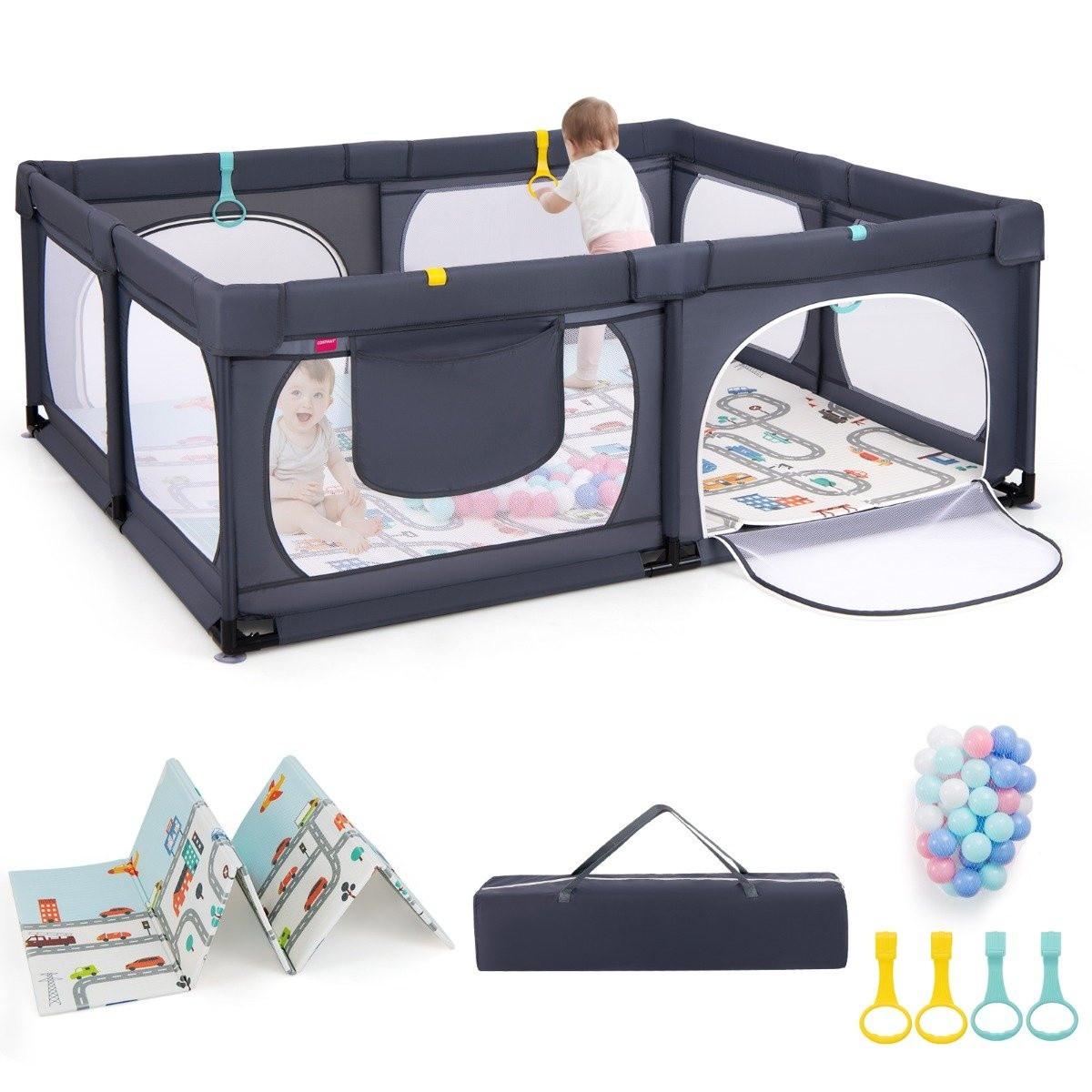 Northix  Box per bambini con materasso e 50 palline da gioco, 4 anelli di chiusura e 4 porte con cerniera grigio scuro 